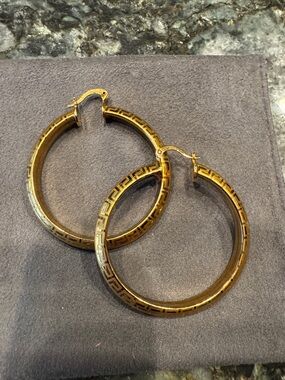 Greek Key Large Elegant Gold Hoop Earrings
